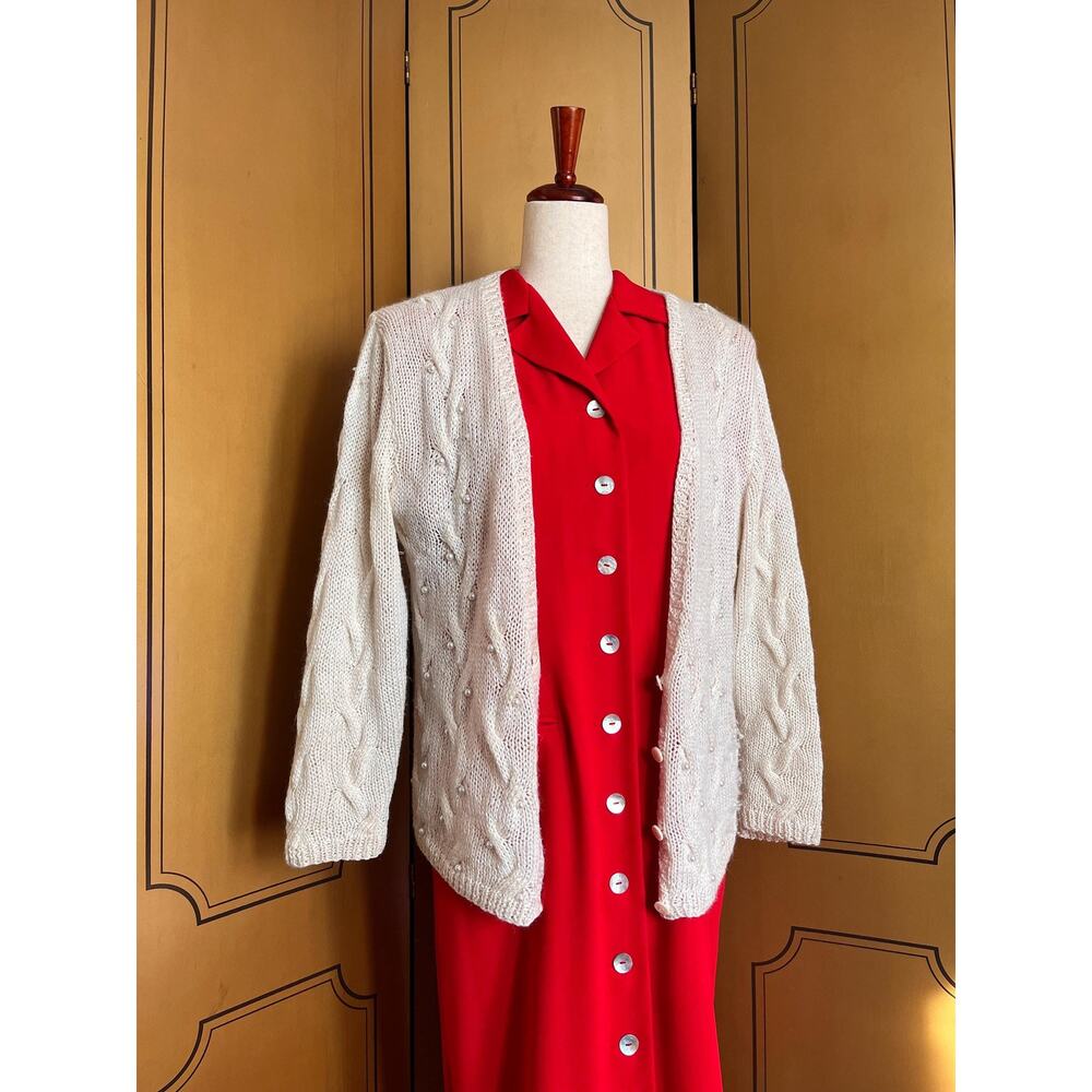 Vintage knitted cardigan in wool blend with pearls, size M